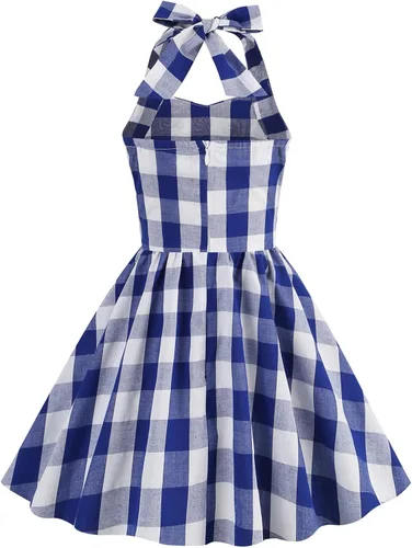Vista 2 de Vestido vintage para niñas pequeñas, a cuadros, cuello halter, acampanado, vestido retro de cóctel, vestido de noche, disfraces de graduación