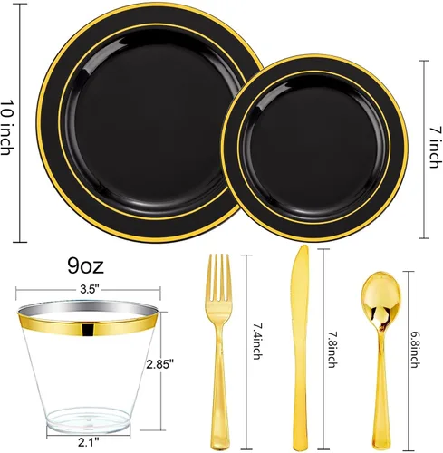 Vista 6 de bUCLA Juego de vajilla desechable de 600 piezas, color negro y dorado, platos de plástico negro desechables para fiestas, incluye 100 platos