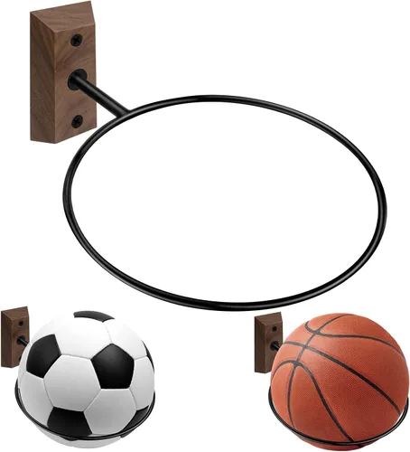 Vista 25 de Soporte de pared para baloncesto VIVTOB, soporte de pared para pelota de 7 pulgadas con base de madera maciza de nogal negro y anillo de metal