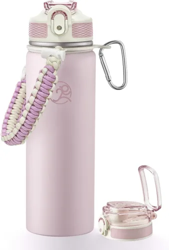 Vista 17 de GOSWAG - Botella de agua de viaje de acero inoxidable aislada de 24 onzas, 2 tapas with straw and no straw, Paracord handle, Double-wall vacuum