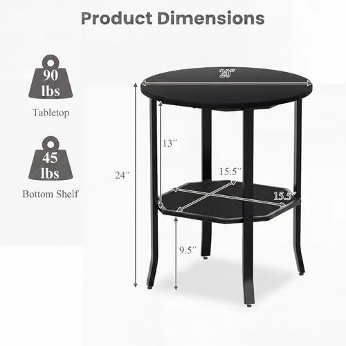 Vista 3 de Tangkula 2-Tier Round Side End Table, Small Nightstand with Storage Shelf, Industrial Modern Bedside & Sofa Side Table for Small Space, Bedroom