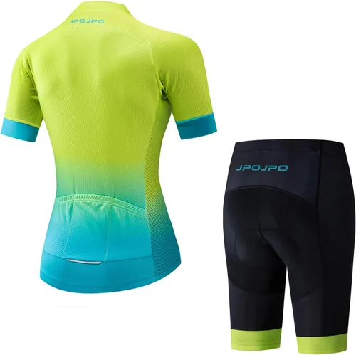 Vista 37 de Camiseta de ciclismo para mujer, manga corta y pantalones cortos de ciclismo acolchados para verano