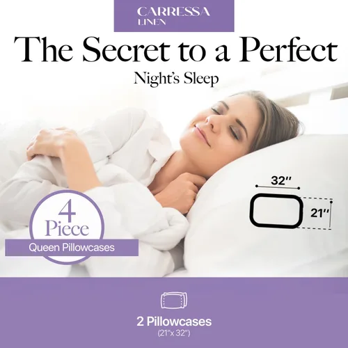Vista 5 de Carressa Linen 100% algodón egipcio de 600 hilos, juego de 4 fundas de almohada tamaño queen, lujosas fundas de almohada blancas de tamaño 01