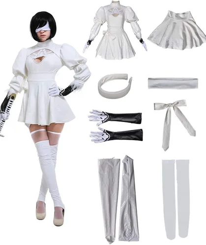 Vista 4 de miccostumes Disfraz de cosplay para mujer, vestido blanco de dos piezas, falda de leotardo