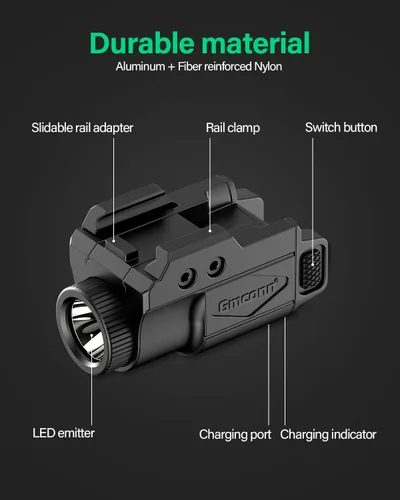 Vista 7 de Gmconn Luz de pistola de 700 lúmenes, linterna compacta ajustable montada en riel mini luz de arma con modo estroboscópico para Picatinny