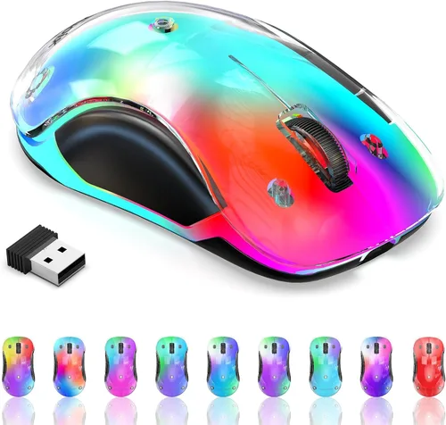 Vista 12 de memzuoix Mouse inalámbrico de 2.4G con cubierta personalizable y LED de 9 colores, ergonómico recargable, 1400 DPI, 5 botones, receptor USB para Azul