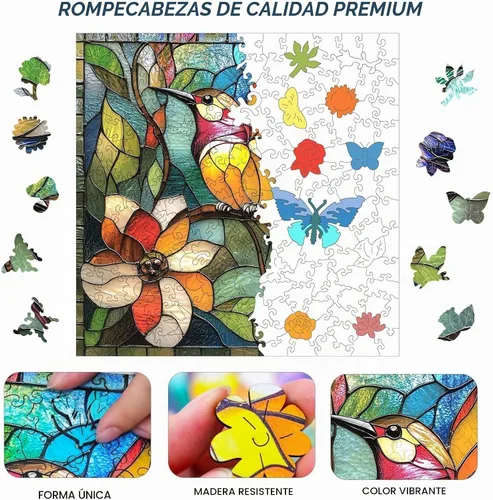 Vista 3 de Qiuenisray Rompecabezas de madera de 200 piezas, rompecabezas de colibrí de vidrieras