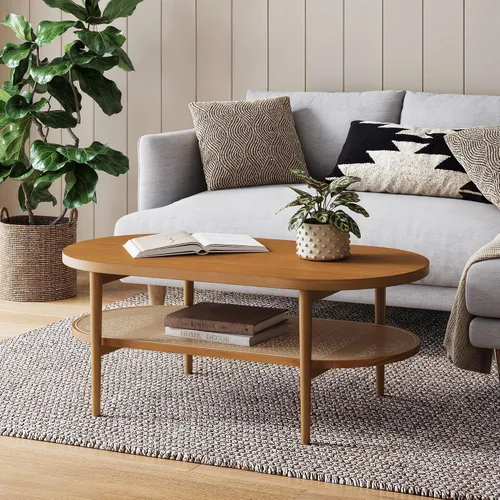 Vista 9 de Nathan James Asher Mid-Century - Mesa de centro rectangular con parte superior de cristal y estante de almacenamiento con acabado de madera con Negro