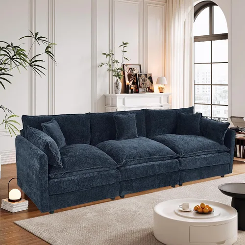 Vista 10 de Setawix Sofá Profundo de 3 Plazas con Otomana, Sofás de Nube en Forma de L de 112.2" para Sala de Estar, Sofá de Nube de Chenilla con Asiento Café