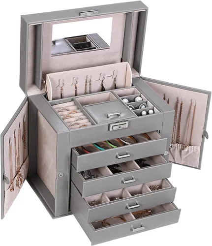 Vista 5 de BEWISHOME Joyero organizador de caja de joyería con cajones caja organizadora de collares regalo ideal para mujeres y niñas con espejo de cerradura