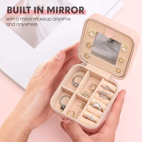 Vista 4 de Pequeño organizador de joyas de viaje, un mini joyero con inicial, estuche esencial de viaje para mujeres y niñas, joyero azul personalizado