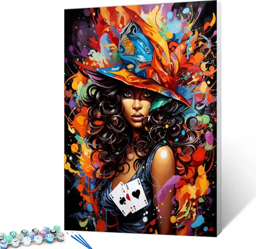 Vista 34 de Pintura por números retrato de niña con sombrero de mago Tucocoo, pintura DIY en lienzo con pinceles, pinturas acrílicas, calabaza de Halloween