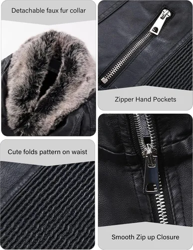 Vista 4 de Bellivera - Chaqueta de cuero sintético para mujer, moda de otoño e invierno, abrigo de motociclista con cuello de piel