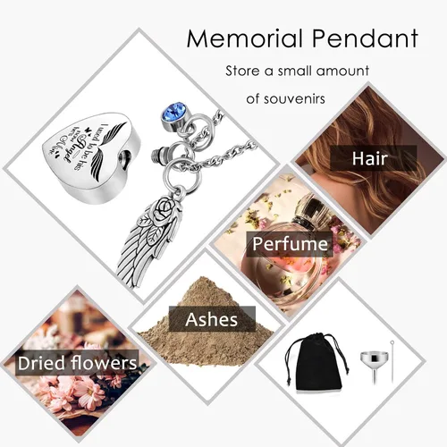 Vista 4 de weikui Collar de urna de corazón para cenizas con ala de ángel, 12 piedras de nacimiento, colgante conmemorativo de cremación, joyería de recuerdo