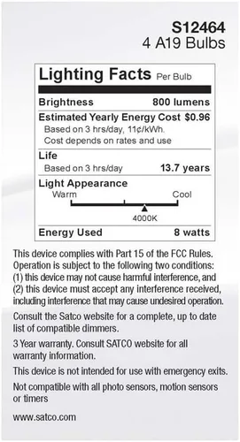 Vista 5 de Satco 12464-8A19/CL/LED/E26/940/4PK/120V (S12464) A19 A Line Pear Bombilla LED