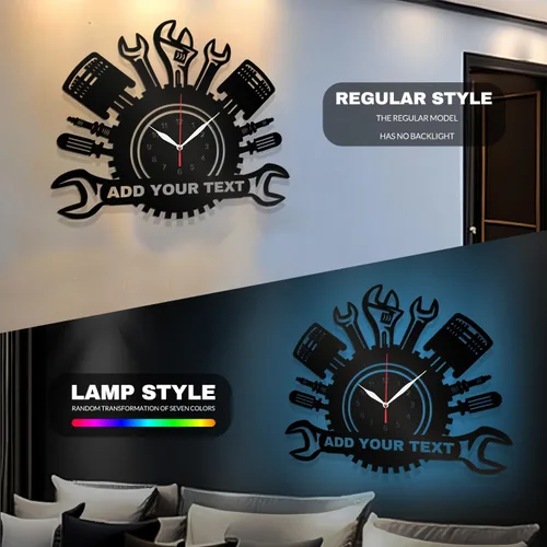 Vista 2 de Reloj de pared personalizado para taller de reparación de automóviles – Añade texto con nombre personalizado – Regalo para reparador, albañil
