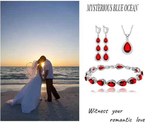 Vista 7 de LMXXVJ Juego de collar y aretes largos, chapados en oro blanco, juego de joyas de zafiro azul creado, joyería de regalo para boda, fiesta, joyería