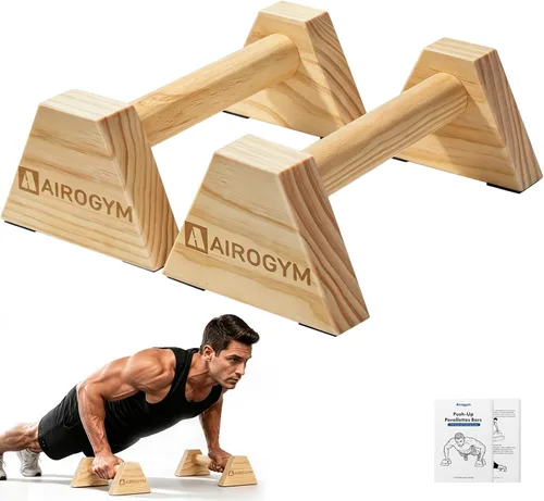 Vista 10 de Soporte de flexión, 2 barras de madera para flexiones, base antideslizante, equipo de entrenamiento en casa, 11.8 pulgadas, mango de paraletas
