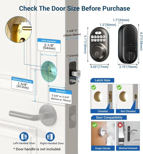 Vista 10 de Veise RZ-A - Cerradura de puerta con teclado electrónico, color negro mate Keyless Entry for Front Door, 20 Codes, Auto Lock, One-time Codes, 365