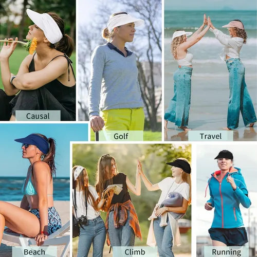 Vista 7 de Sombreros de sol para mujer, protección UV, visera de sol, ala ancha, sombreros de verano con cola de caballo