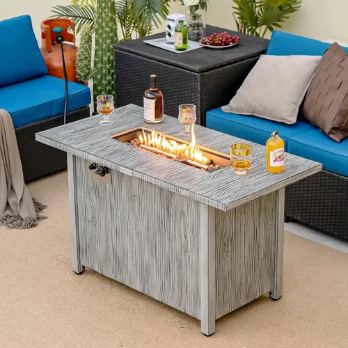 Vista 2 de Tangkula Patiojoy - Mesa de fuego de propano de 43 pulgadas, mesa de fuego de gas para exteriores de 50,000 BTU con mesa de grano de madera