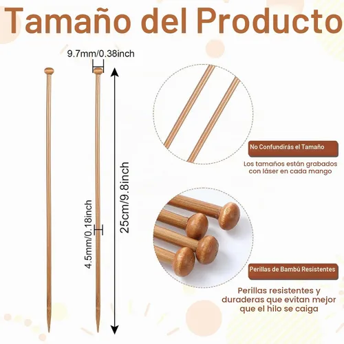 Vista 3 de 2 agujas de tejer de bambú de 0.177 in de largo, agujas de tejer de madera de 10 pulgadas de largo, para principiantes, calcetines, bufandas, hechas