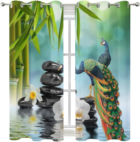Vista 8 de Cortinas opacas de estilo japonés para dormitorio, hermoso pavo real, spa, verde, bambú, piedra negra, con ojales, aislamiento térmico, para Jardín
