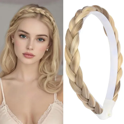 Vista 22 de Ancho de 1.5 cm Banda de pelo sintético trenzada estrecha con dientes para mujeres y niñas (Negro)