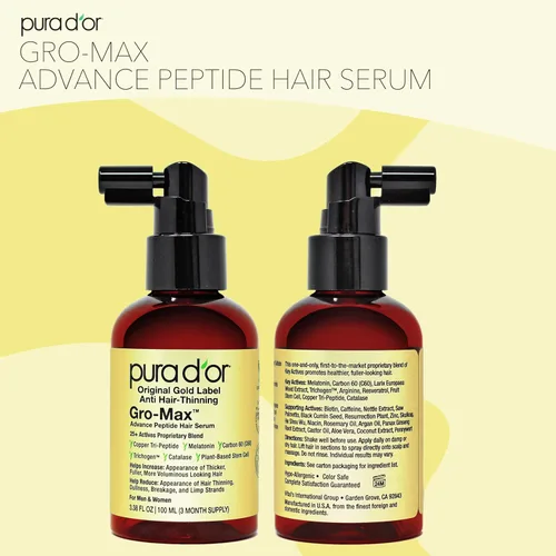 Vista 6 de PURA D'OR Suero para el cabello Gro-Max Advanced Peptide de 3.38 oz (nueva fórmula) Célula de tallo vegetal, catalasa, triple péptido de cobre, C60