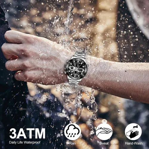 Vista 6 de MEGALITH Reloj digital impermeable de acero inoxidable con cara grande LED analógico multifuncional para deportes al aire libre, relojes de pulsera