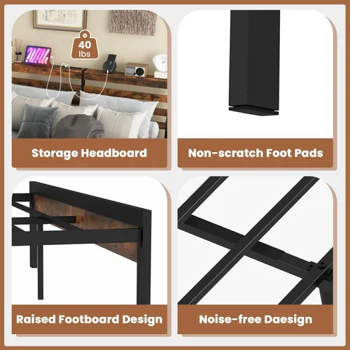 Vista 6 de Giantex Base de cama de metal con estación de carga, plataforma industrial con cabecera de almacenamiento, base de colchón resistente, fácil