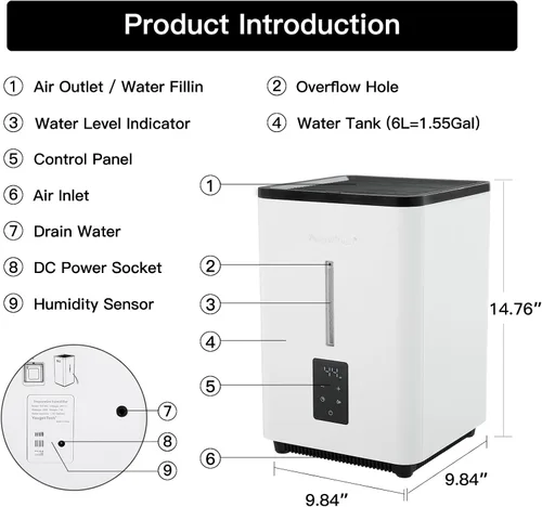Vista 7 de Humidificadores evaporativos para habitación grande de dormitorio, 1.55 galones, humidificador evaporativo de niebla fría de 20 W, 7 velocidades