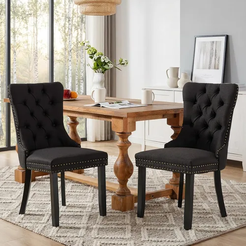 Vista 100 de SoarFlash Juego de 2 sillas de comedor de terciopelo, silla lateral de respaldo alto, silla lateral moderna tapizada de alta gama con botones Beige