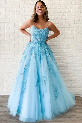 Vista 5 de TIRAS Vestidos de fiesta con apliques de encaje de espagueti para mujer, vestido largo de tul para fiesta, formal, vestido de fiesta de noche, CM264