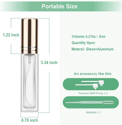 Vista 5 de Botella de perfume recargable, botella de perfume atomizadora sin BPA de 0.3 fl oz, atomizador de perfume de vidrio a prueba de fugas con tapas