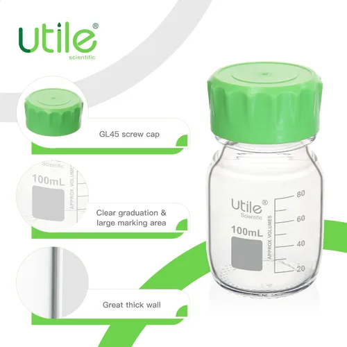 Vista 3 de Utile Botella multimedia, 3.3 botellas de vidrio de borosilicato con tapones de rosca GL45, 6 botellas de medios de laboratorio de 3.4 fl oz
