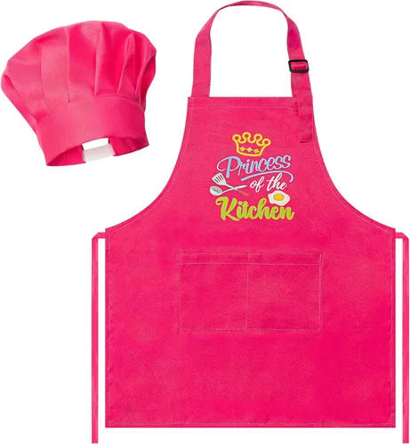 Vista 15 de R HORSE Juego de delantal y sombrero de chef para niños, 2 piezas, mini parrilla ajustable, delantal de cocina para niños, juego de rol, juguete