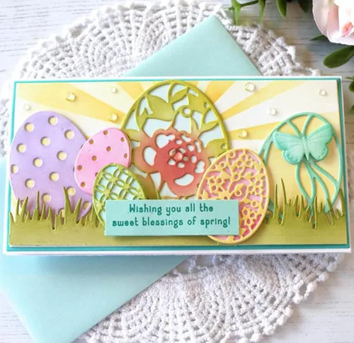 Vista 5 de Juego de 7 piezas de huevos de Pascua troquelados de metal, diseño de flores, mariposas, huevos, marco, plantillas de troqueles de corte