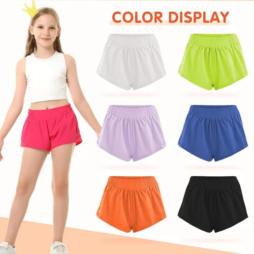 Vista 4 de Pantalones cortos deportivos para niñas, de secado rápido, con bolsillo con cremallera, para adolescentes y niños, pantalones cortos deportivos