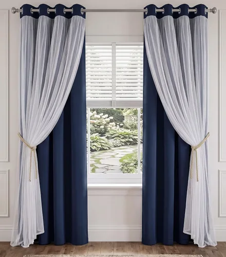 Vista 18 de Beige Blackout Curtains with White Sheer Overlay for Bedroom/Living Room
