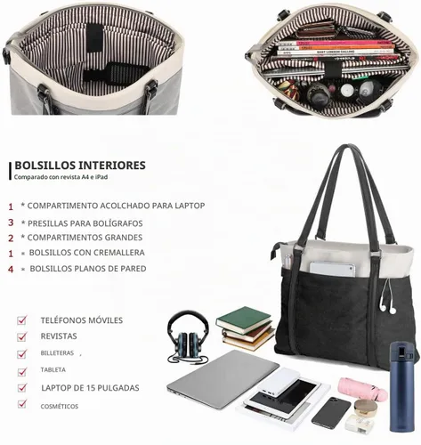 Vista 4 de Laptop Tote Bag for Women, 15.6 Inch Work Bag with Laptop Compartment and Zipper, Canvas Computer Tote for Teacher Negro