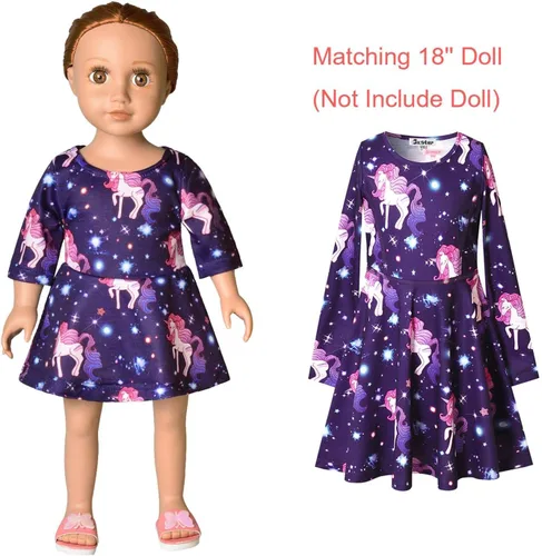 Vista 3 de Qpancy Vestidos a juego para muñecas y niñas, trajes de unicornio de manga larga, ropa de algodón