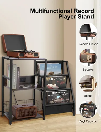 Vista 4 de Soporte para tocadiscos (marrón original, madera) – Estante de almacenamiento de vinilo de 3 niveles con estación de carga, marco de metal