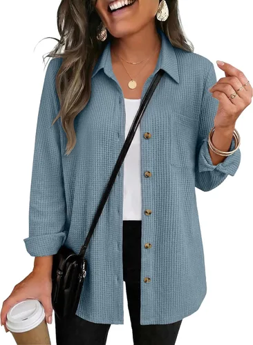 Vista 9 de Zeagoo Camisa de punto gofre para mujer, con botones, manga larga, con 01-albaricoque