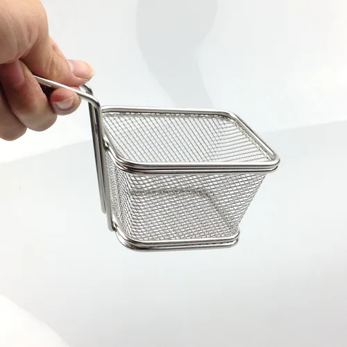 Vista 4 de Mini cesta cuadrada de acero inoxidable, soporte para papas fritas, mesa de comida frita (pequeña 4 pulgadas)