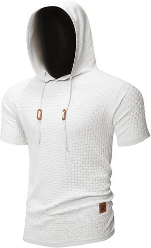 Vista 4 de Zaitun Sudadera con capucha de manga corta para hombre, suéter casual de punto gofre