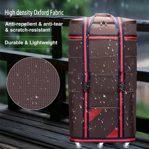Vista 5 de ELDA Maleta plegable expandible para hombres y mujeres, bolsas de viaje con ruedas universales, equipaje ligero de gran capacidad, Marrón, Correas