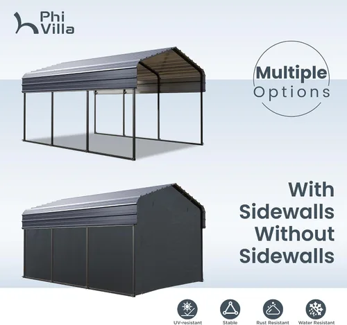 Vista 5 de PHI VILLA 10 x 15 Cochera metálica resistente con techo de acero galvanizado con kit de cierre lateral, cochera metálica robusta para autos, botes