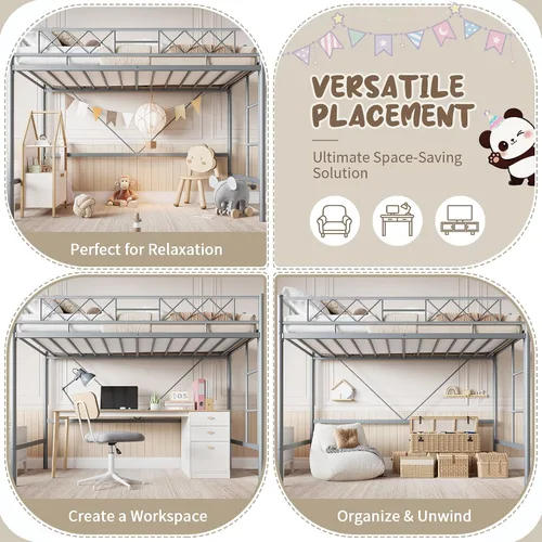 Vista 4 de Garvee Twin Size Loft Bed, Heavy Duty Metal Frame with Arched Guardrail, Flat Ladder Rung, and Steel Slat Support, No Box Spring Required, Space