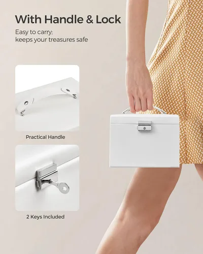 Vista 4 de SONGMICS Joyero de 3 niveles joyero de viaje con asa 2 cajones organizador de joyas con cerradura con espejo almacenamiento de joyas estilo moderno